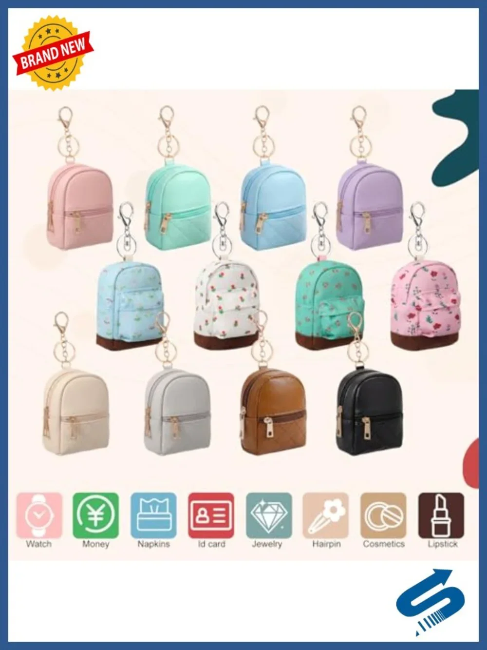 Set of 16 Mini Backpack Keychain Coin Purse PU Leather & Fabric for Women